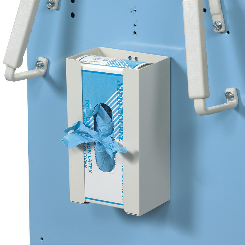 AliMed Cart Accessory: Glove Box Holder for Mini/Select/Standard/Wide Series Medical Carts holds blue gloves, mounted on a blue panel.