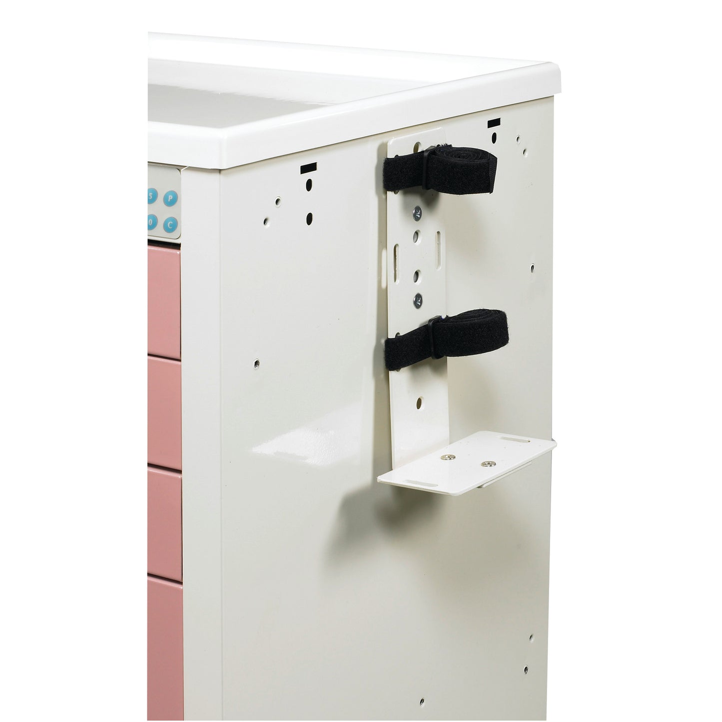 AliMed Cart Accessory: Sharps Bracket for Select/Standard/Wide Series Medical Carts with adjustable straps on a cart's side.