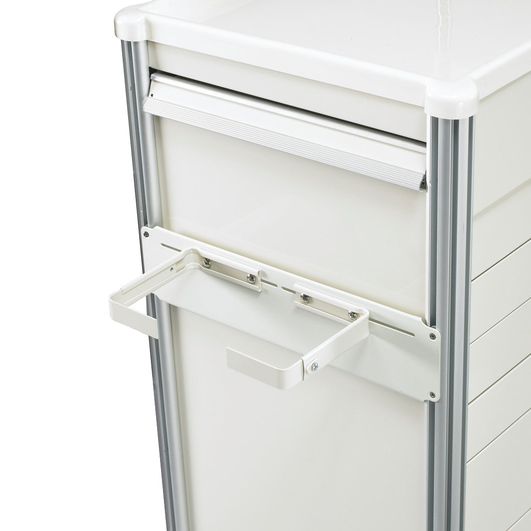 AliMed Cart Accessory: Sharps Bracket attached to a medical cart, designed for Select/Standard/Wide Series, shown mounted on the side.