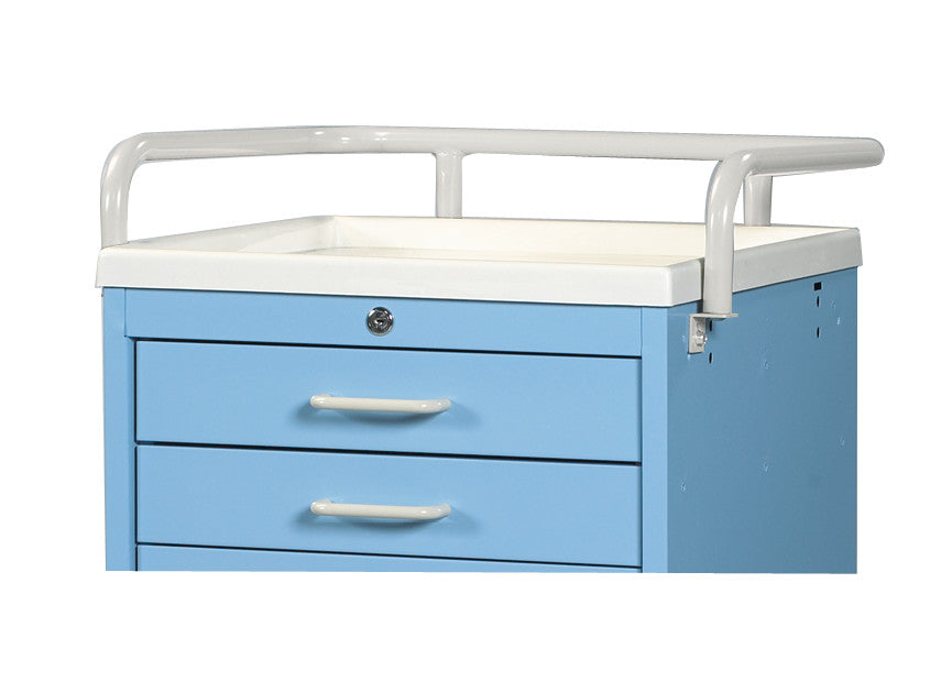 A blue medical cart with three drawers and a white top featuring an AliMed Cart Accessory: Tubular Rail for Select/Standard/Mini Series.