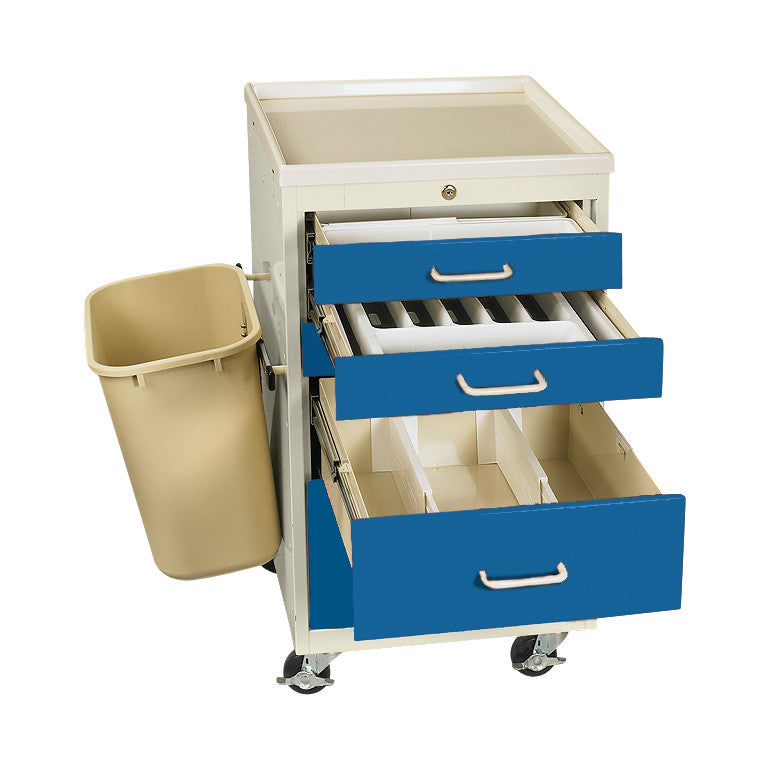 Accessory Packages for AliMed Mini Series Anesthesia/Procedure Carts with open blue drawers and a beige waste bin attached.