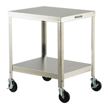 The image features a Lakeside Heavy-Duty Mobile Machine Stand, a two-shelf stainless steel cart with four swivel casters for mobility.