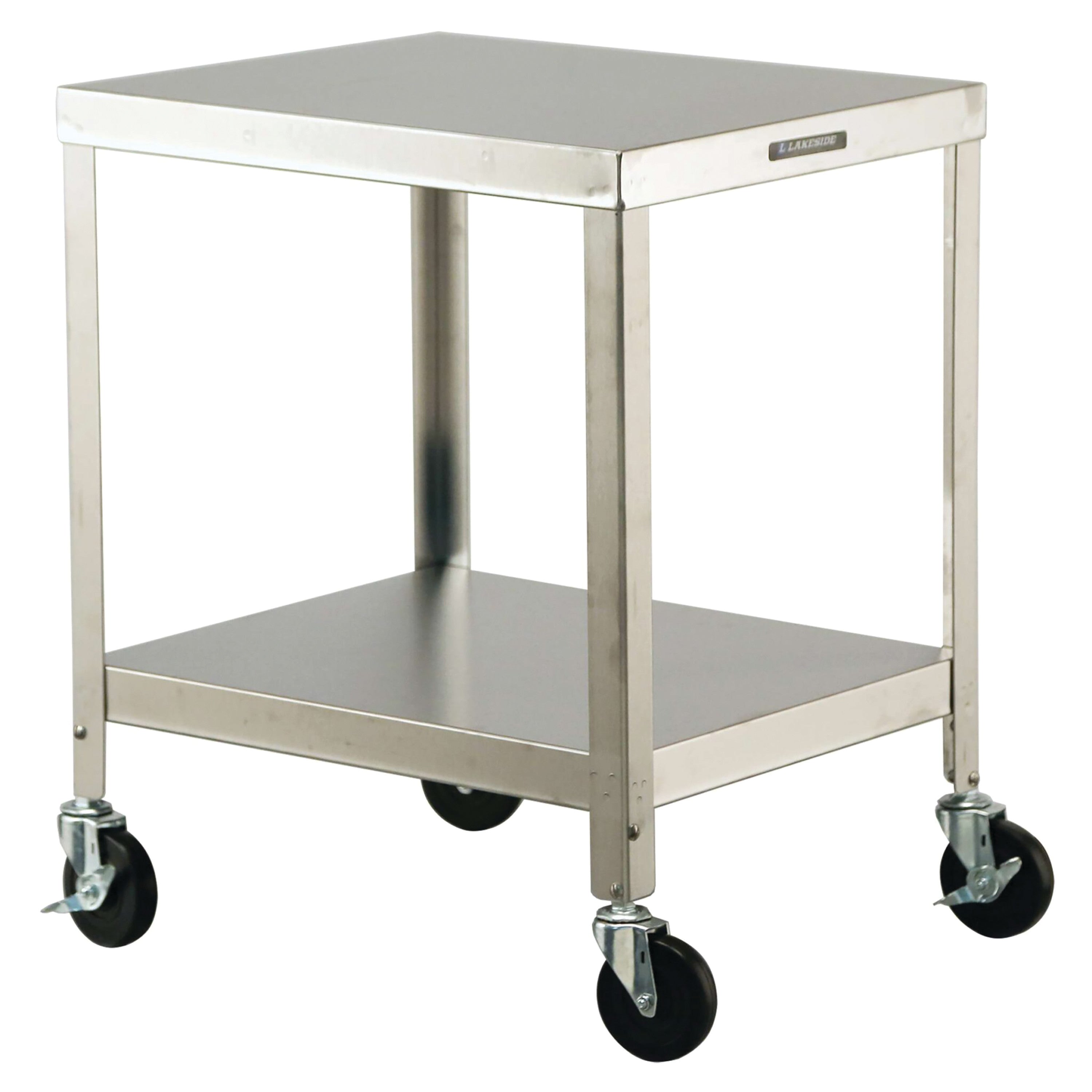 A Lakeside Heavy-Duty Mobile Machine Stand with stainless steel shelves and four caster wheels for easy mobility.