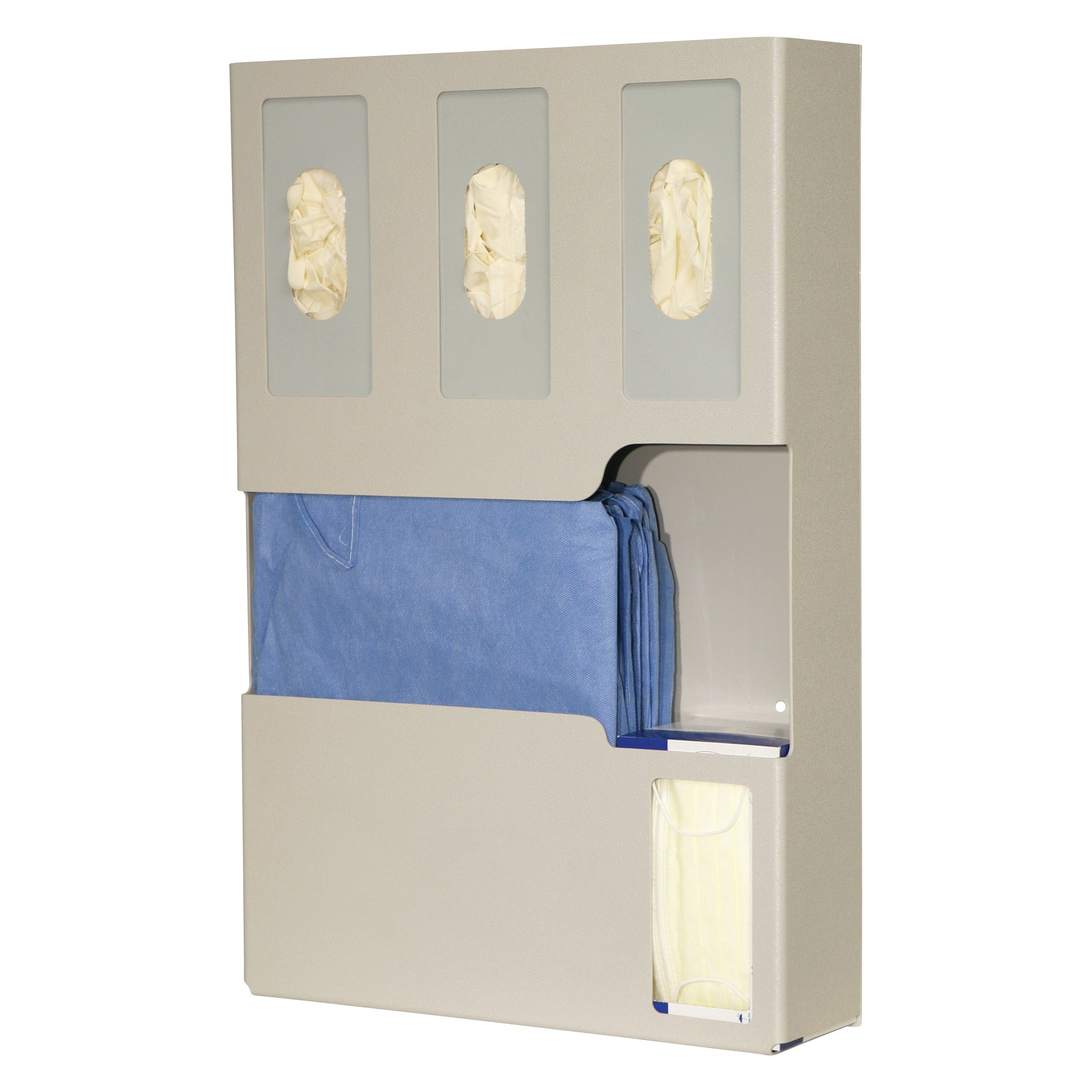 Bowman Tri-Glove ABS Isolation Station with compartments for gloves, gowns, and masks, designed for organizing medical supplies.