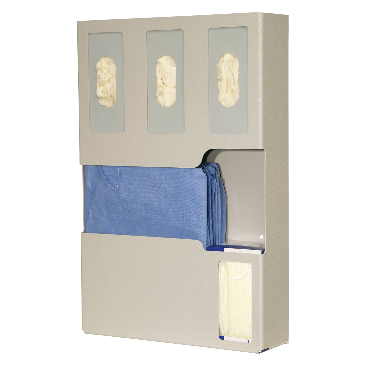Bowman Tri-Glove ABS Isolation Station with compartments for gloves, gowns, and masks, designed for organizing medical supplies.