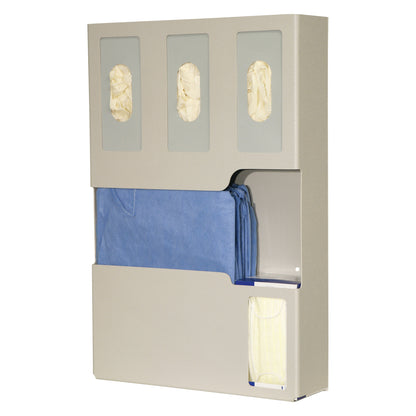 Bowman Tri-Glove ABS Isolation Station with compartments for gloves, gowns, and masks, designed for organizing medical supplies.