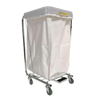 A Reusable Antimicrobial Hamper Bag on a wheeled frame, featuring a white fabric bag with a metal structure and green casters.