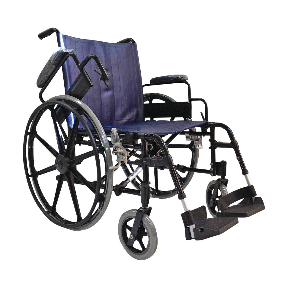 A Non-Ferromagnetic Wheelchair with large rear wheels, smaller front casters, and footrests in a blue and black design.