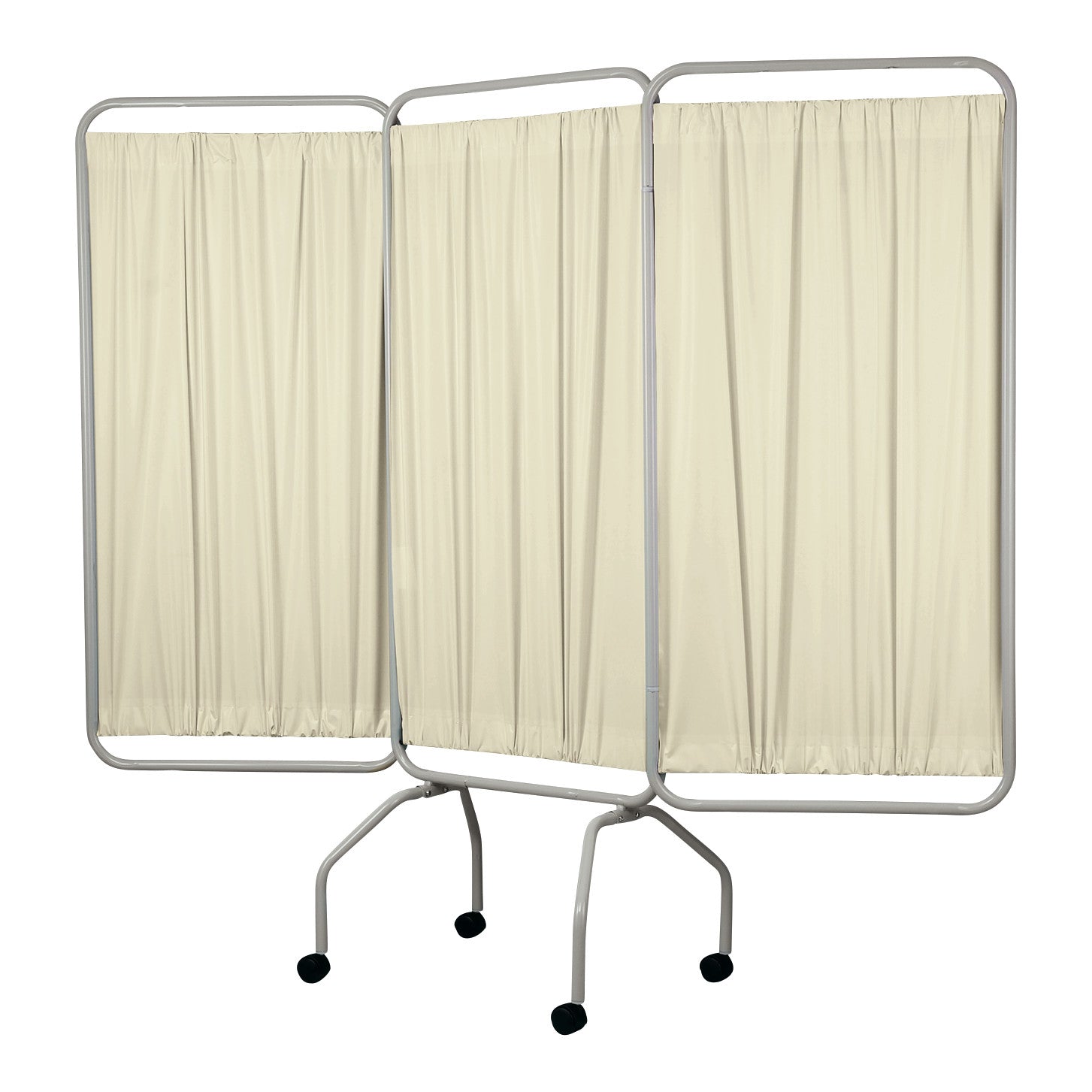 Champion Privess Basic Three-Panel Privacy Screen with beige curtains and metal frame on wheels for medical use.