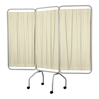 Champion Privess Basic Three-Panel Privacy Screen with beige curtains and metal frame on wheels for medical use.