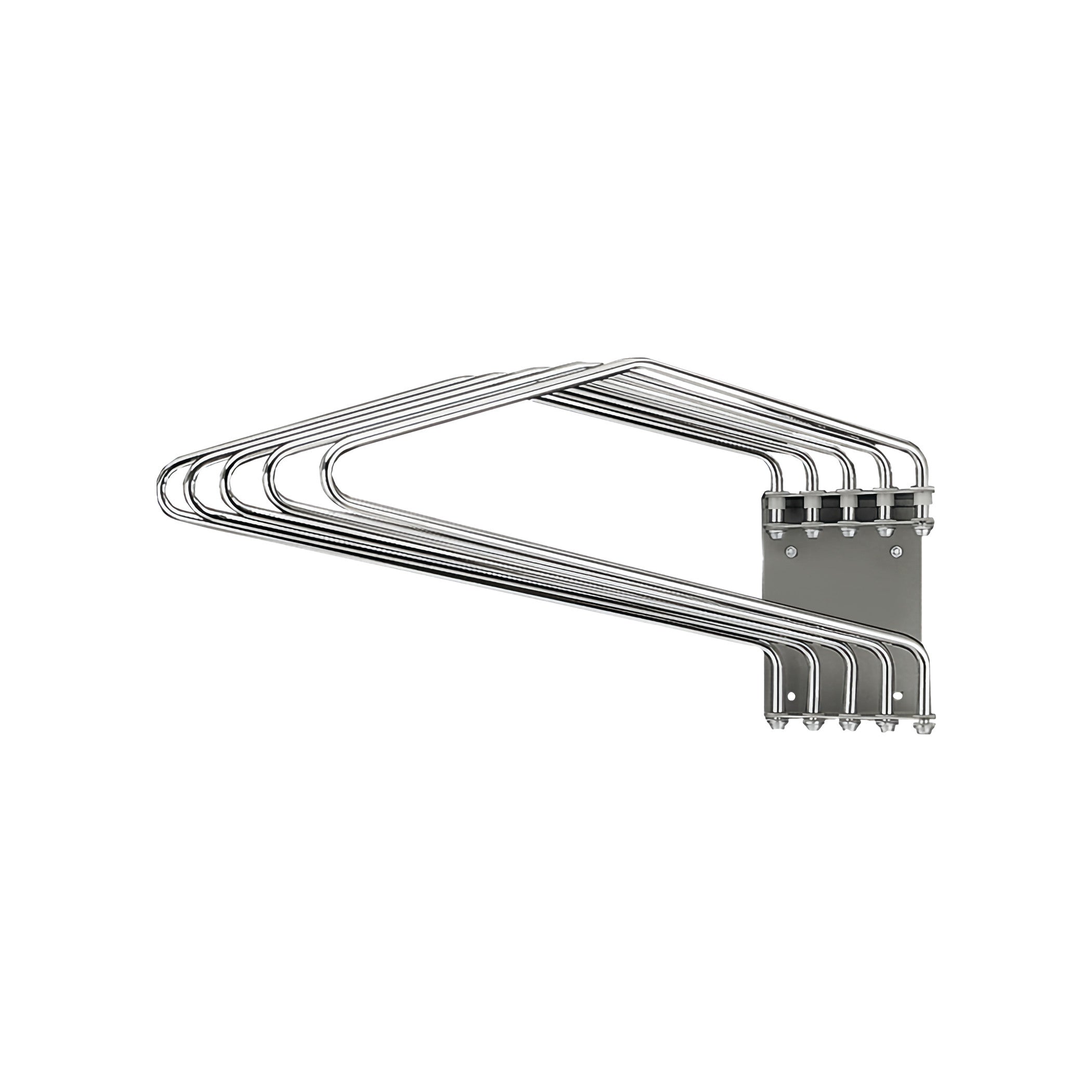 Barrier Technologies Swing-Arm Five-Apron Rack with metal arms fanned out, mounted on a wall for organizing aprons.