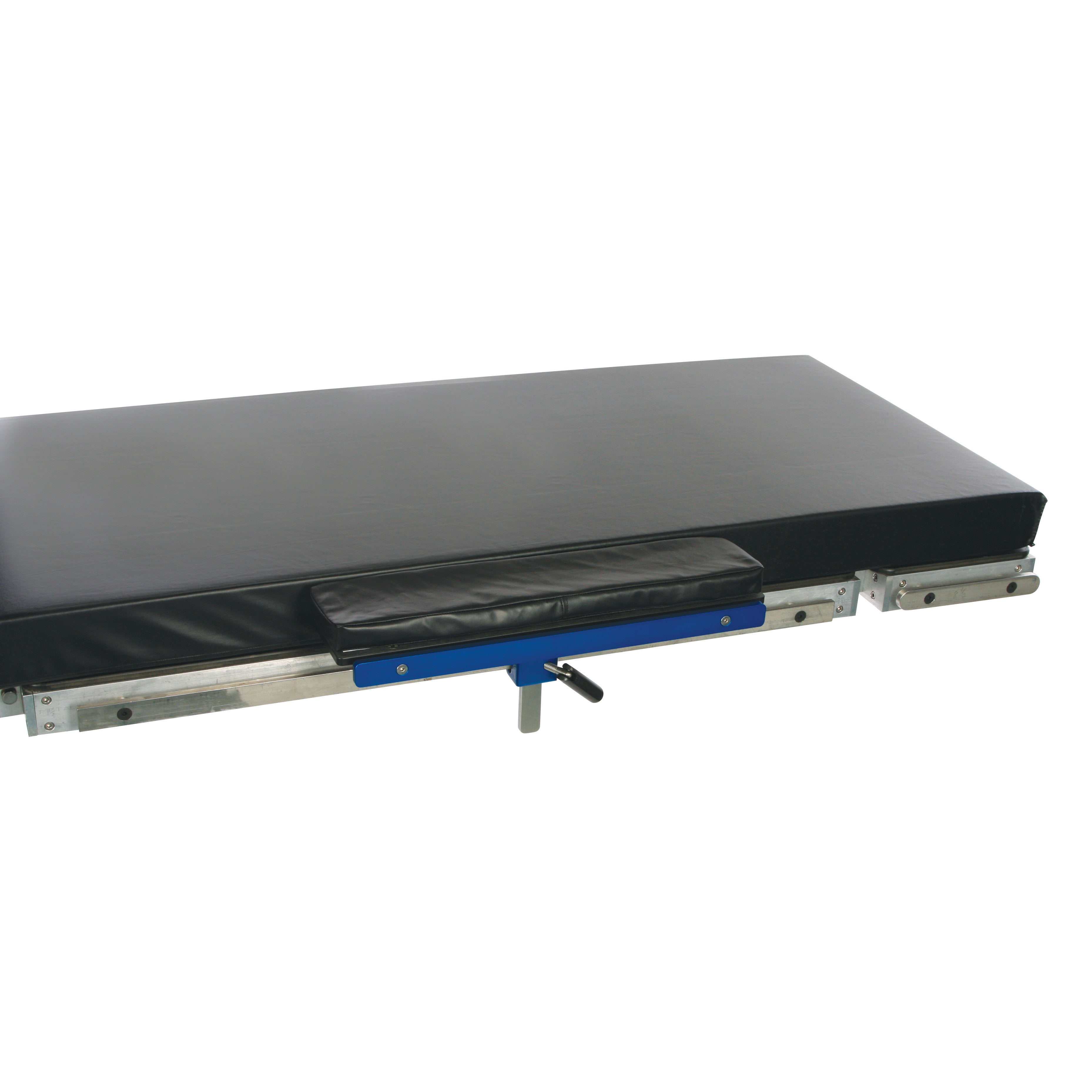 The AliMed Table Width Extender is a black padded attachment used to increase the width of an examination table.