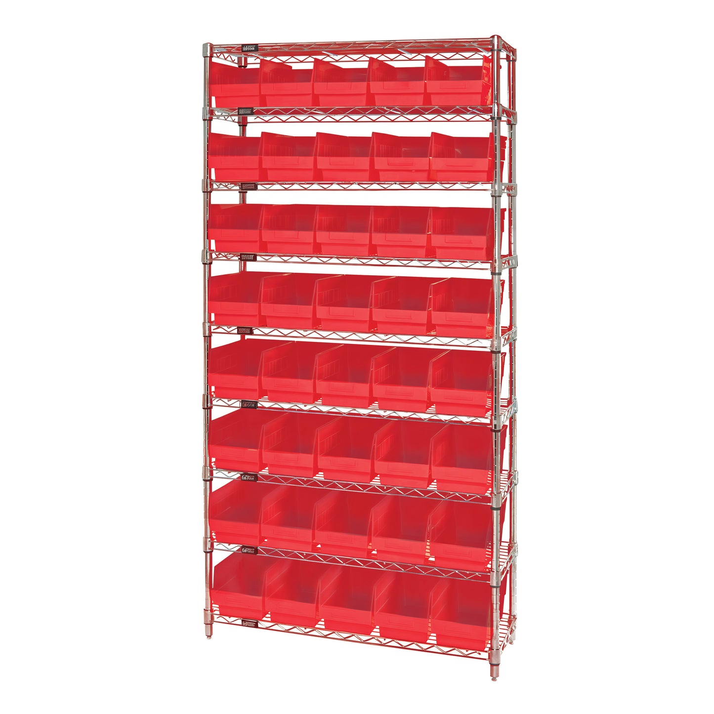The Quantum Chrome Wire 9-Shelf Bin System has a metal frame with nine shelves, each holding multiple red storage bins.
