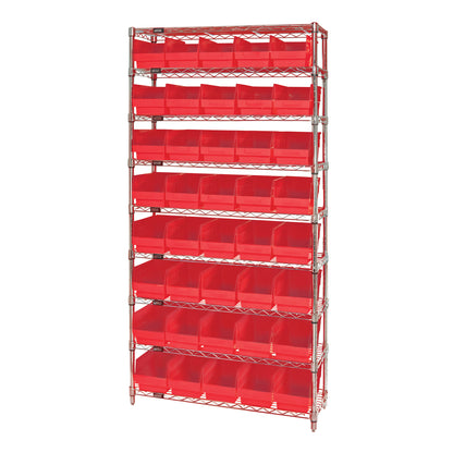 The Quantum Chrome Wire 9-Shelf Bin System has a metal frame with nine shelves, each holding multiple red storage bins.