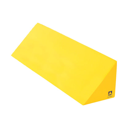 The AliMed Protecta-Coat 45 Degree Wedge Positioner is a bright yellow foam wedge used for patient positioning during medical procedures.