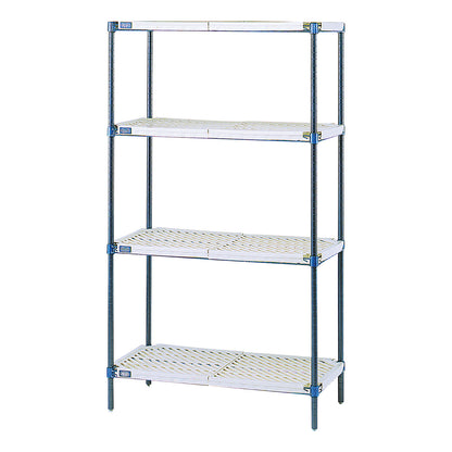 Nexelon Antimicrobial Shelving Unit with four perforated shelves and metal supports, designed for storage and organization.