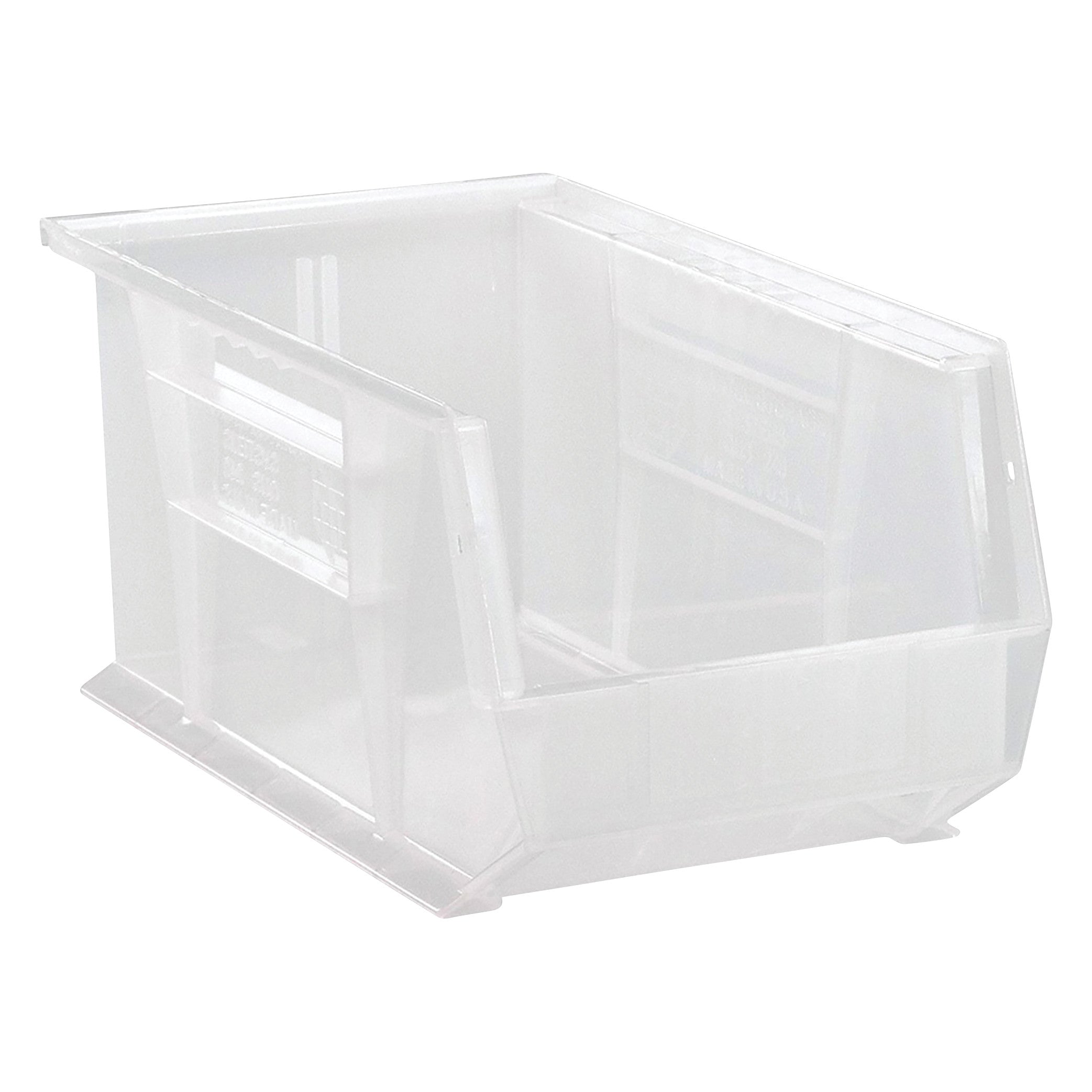 A translucent Quantum Ultra Stack and Hang Bin with an open front, suitable for organizing and storing various items.