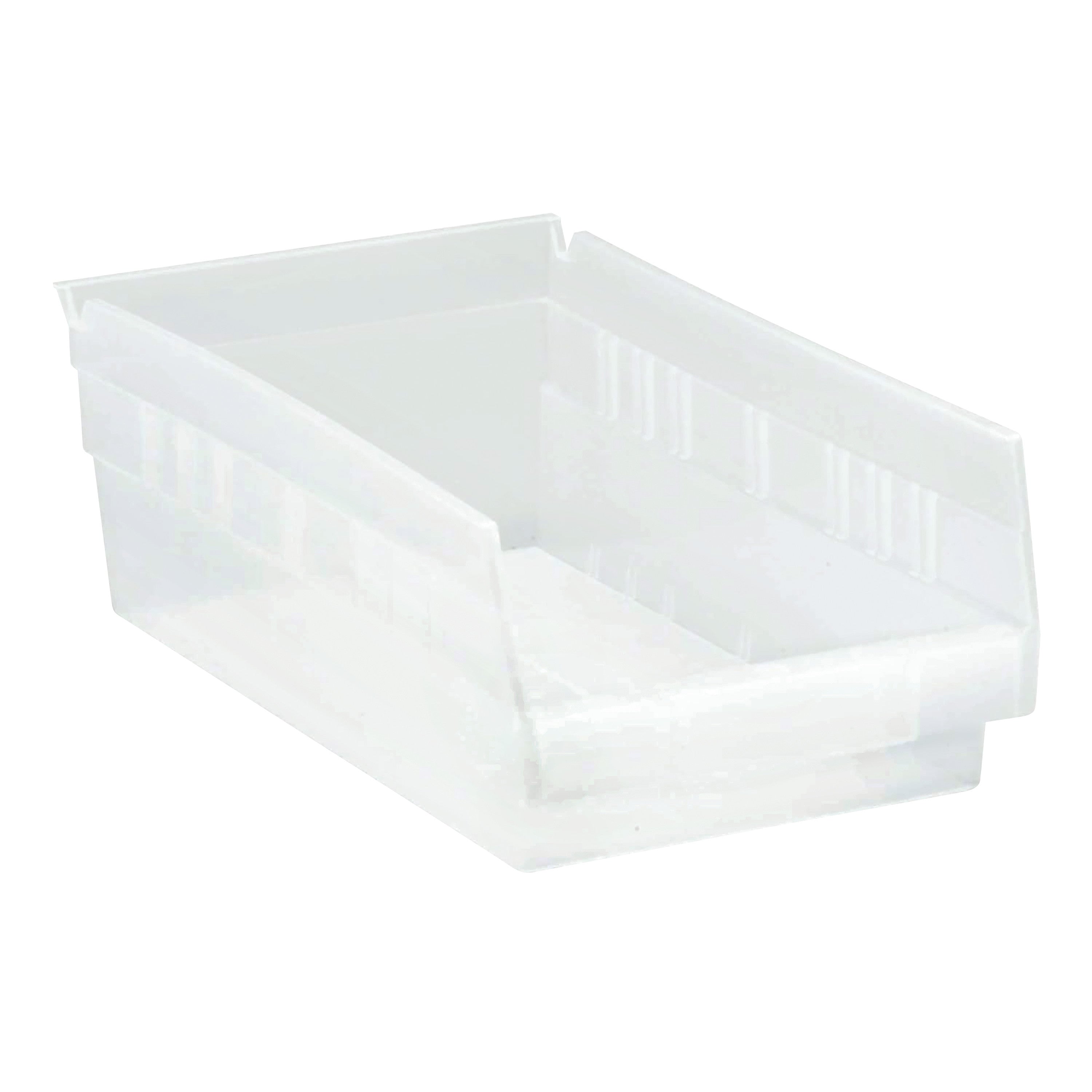 A clear Quantum Economy Shelf Bin with a slanted open front, designed for storage and organization.