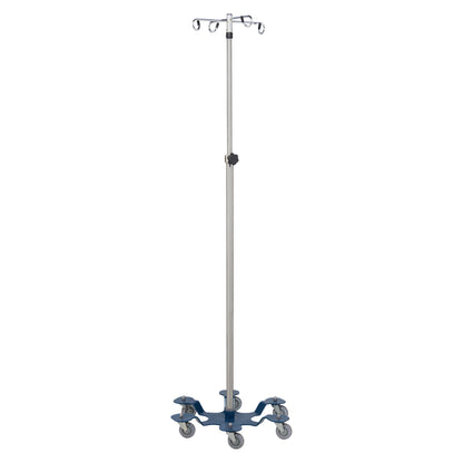 Blickman Six-Leg IV Stand with a stainless steel pole, four hooks, and six caster wheels for stability and easy mobility.
