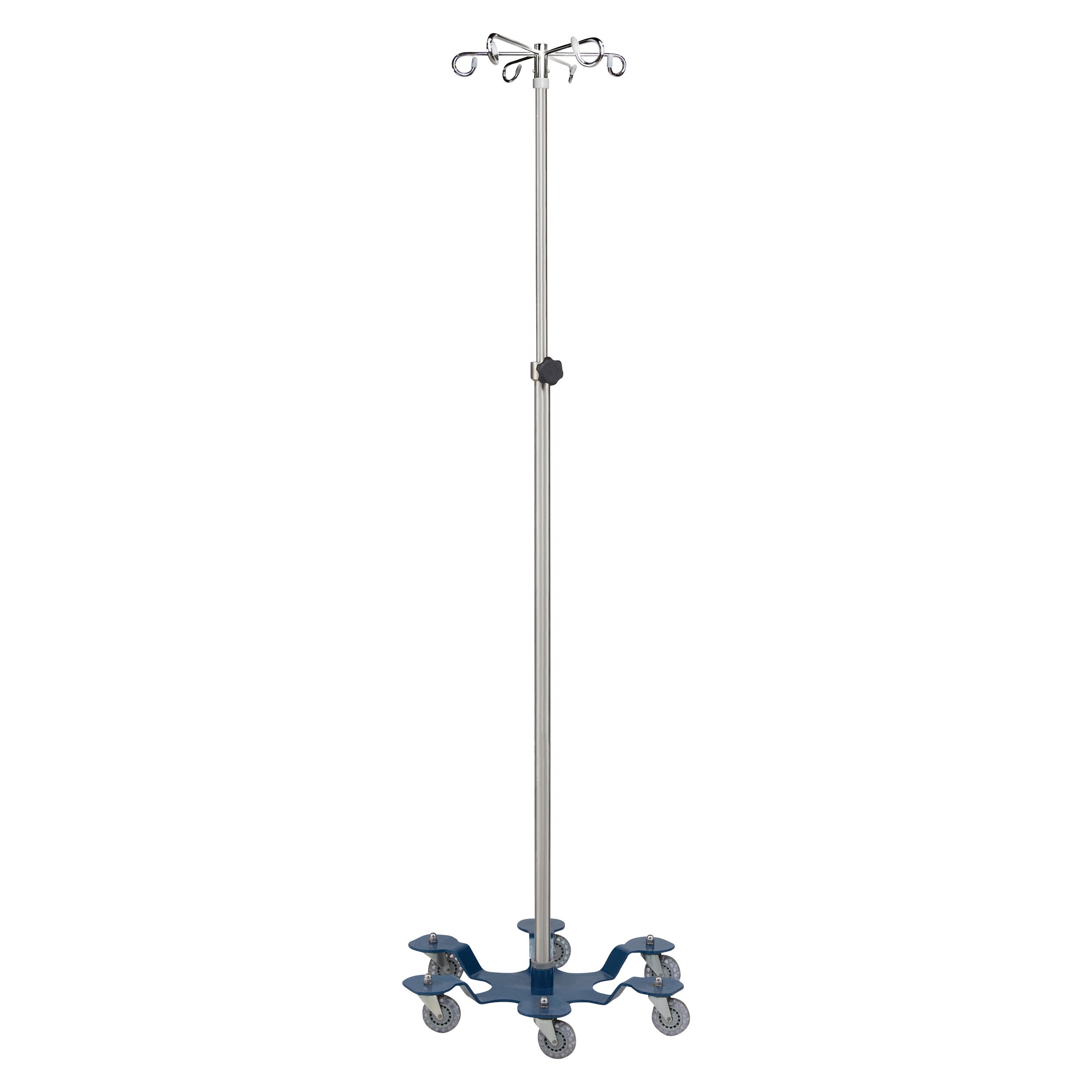 A Blickman Six-Leg IV Stand with a stainless steel pole, multiple hooks at the top, and six caster wheels on a blue base.