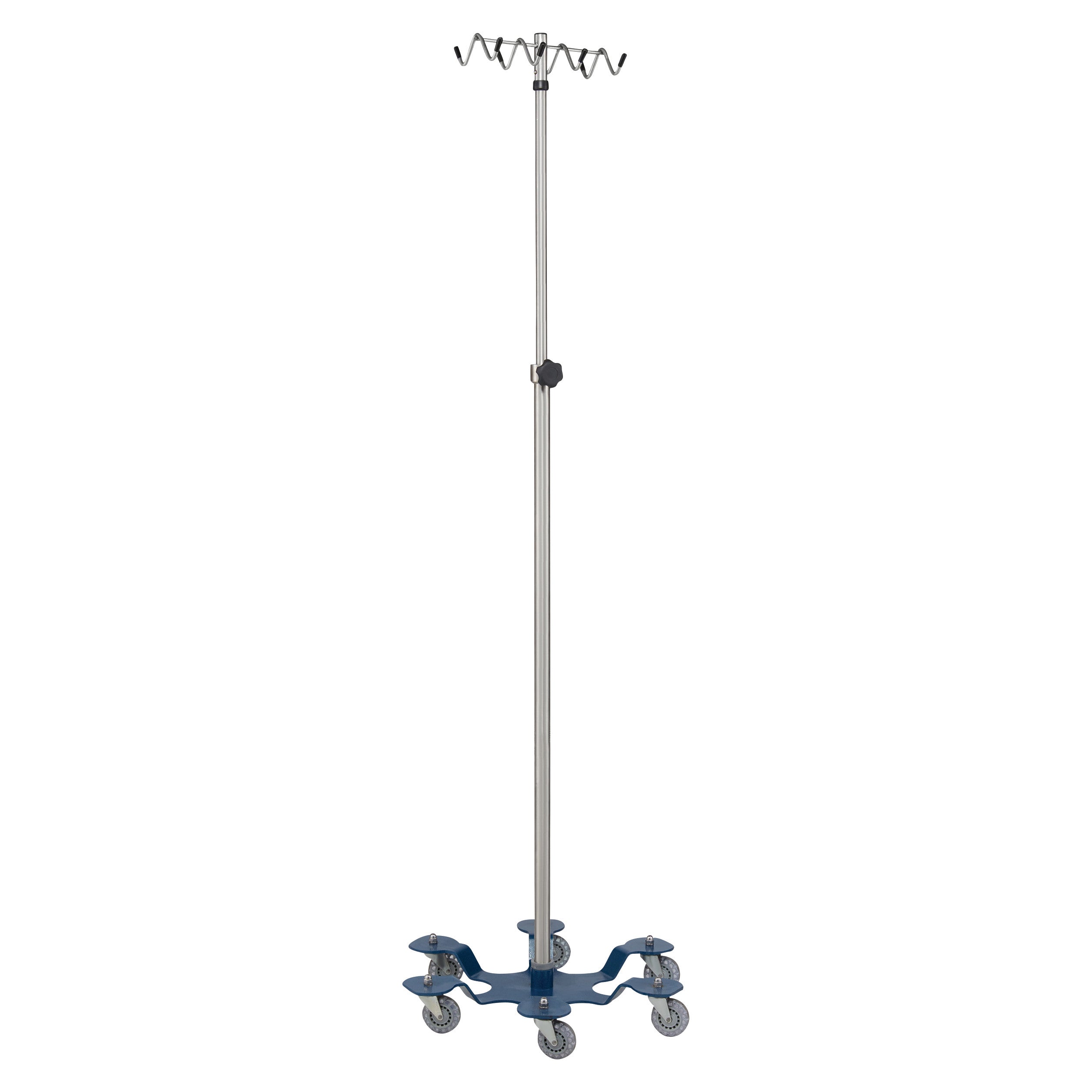 Blickman Six-Leg IV Stand with a stainless steel pole, six hooks at the top, and six caster wheels at the blue base.