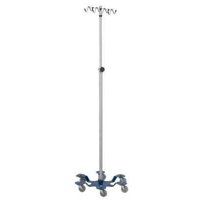 Blickman Six-Leg IV Stand with a stainless steel pole, six hooks at the top, and six caster wheels at the blue base.