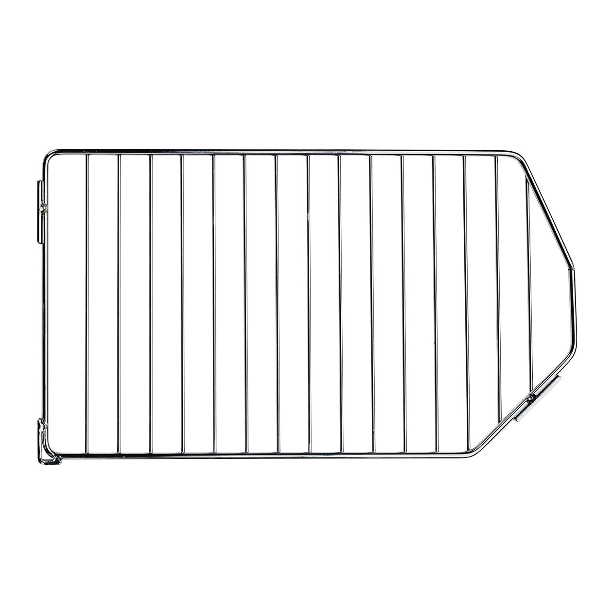 The image features a "Divider for Quantum Mesh Stack and Hang Wire Bin," a metal wire rack with a unique angled edge design.