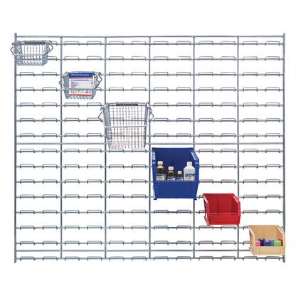 The Quantum Chrome Wire Louvered Panel displays various storage bins and baskets attached to a grid structure.