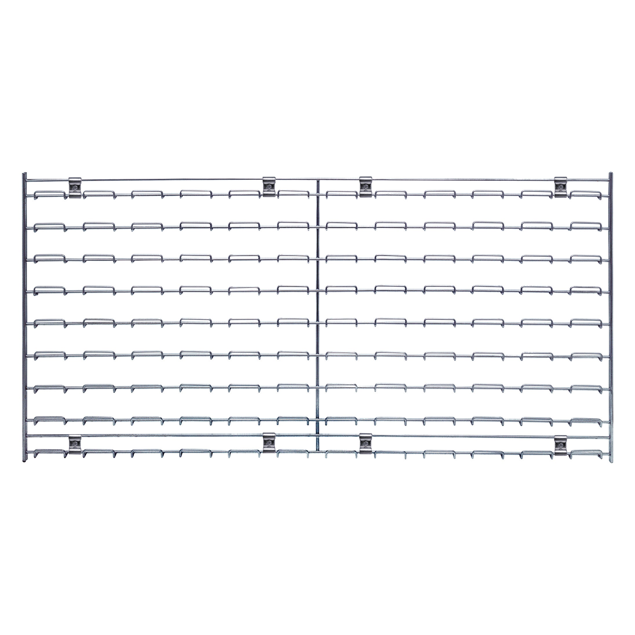 Quantum Chrome Wire Louvered Panel featuring a grid of horizontal slats and hooks, used for organizing or displaying items.