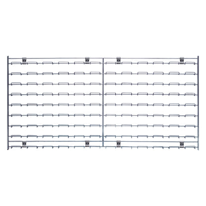 Quantum Chrome Wire Louvered Panel featuring a grid of horizontal slats and hooks, used for organizing or displaying items.