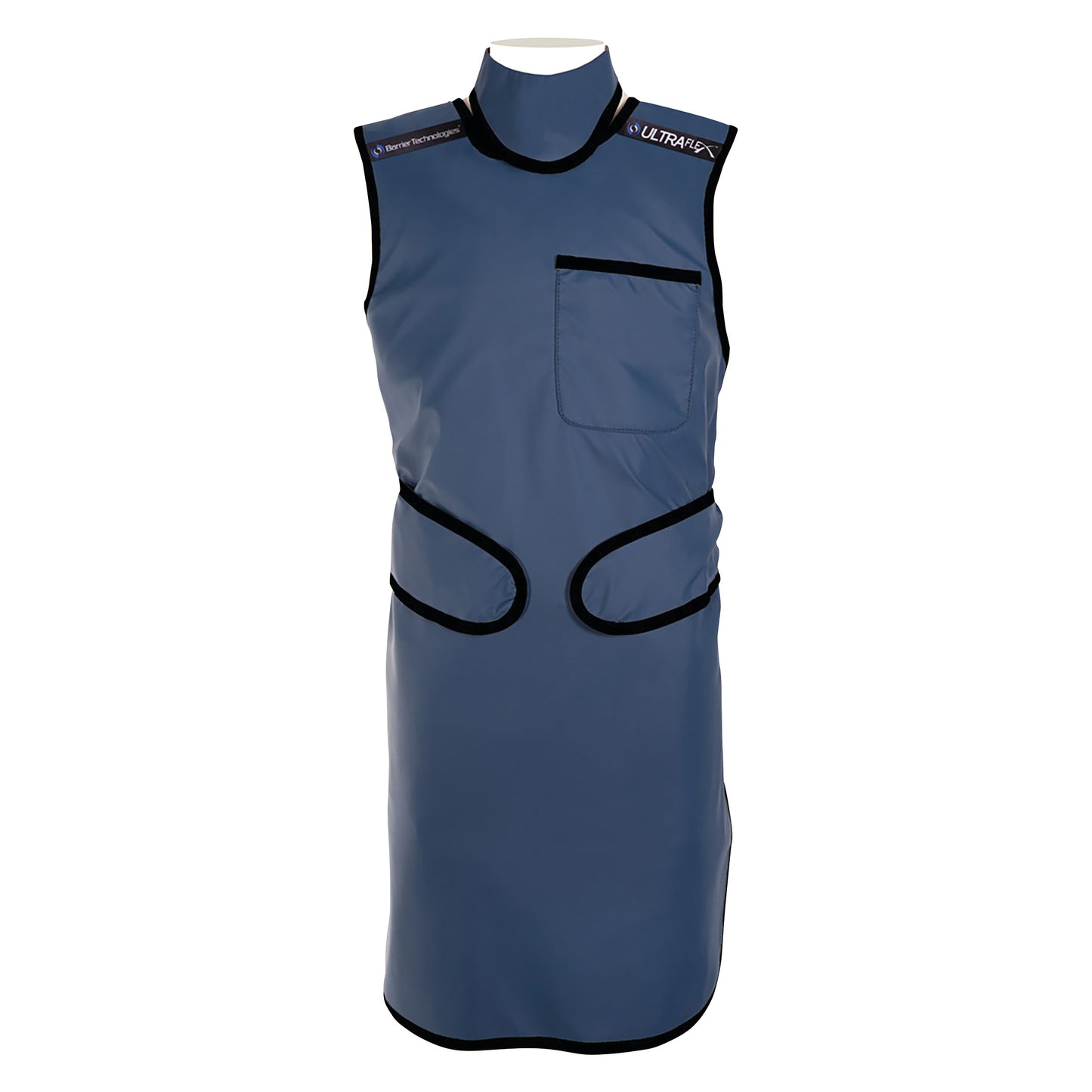 A Blue Barrier Technologies UltraFlex Lead-Free Frontal Apron for radiation Protection includes  closures at the waist.