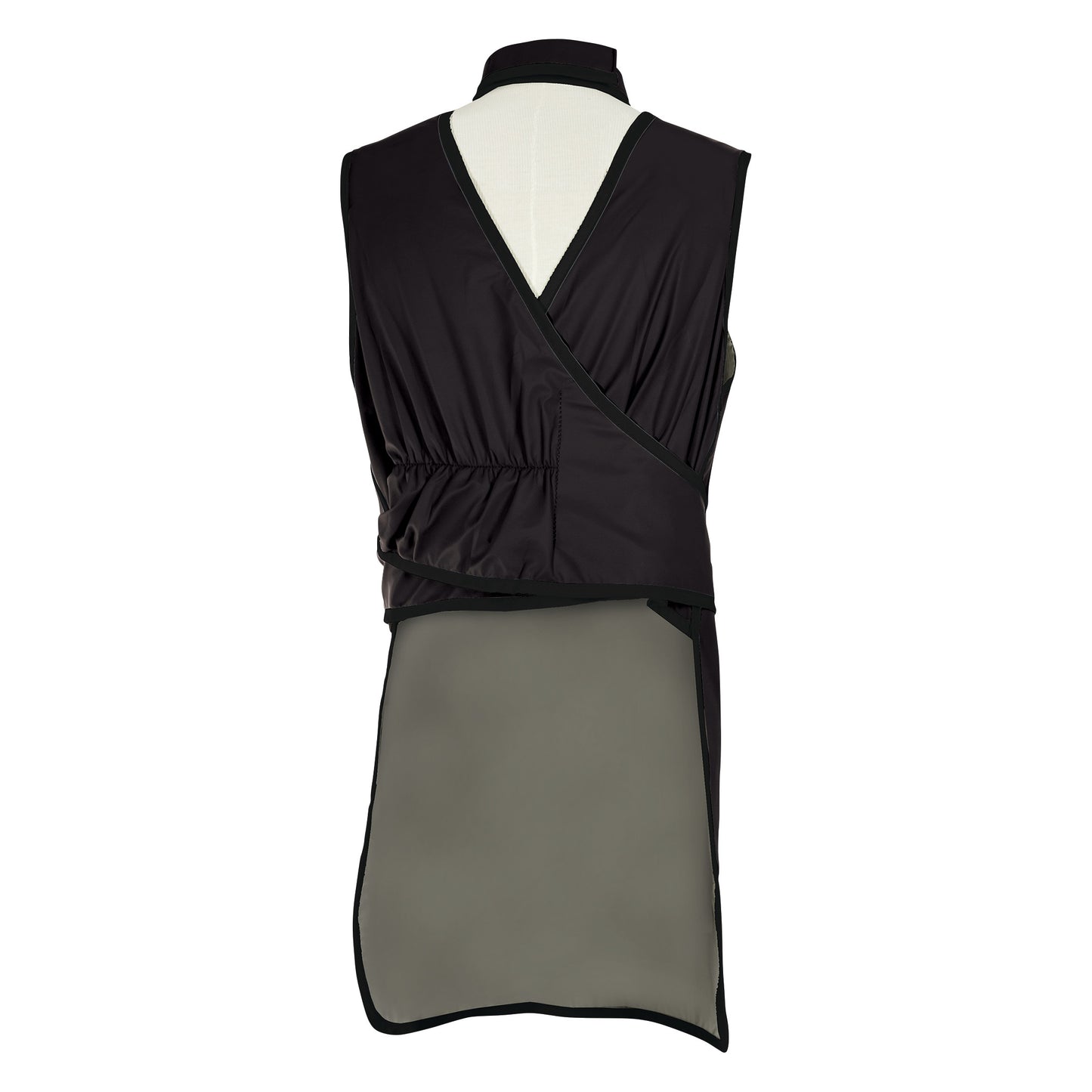 Barrier Technologies UltraFlex Lead-Free Frontal Apron shown on a mannequin from the back, featuring a wrap-around design and sheer lower section.