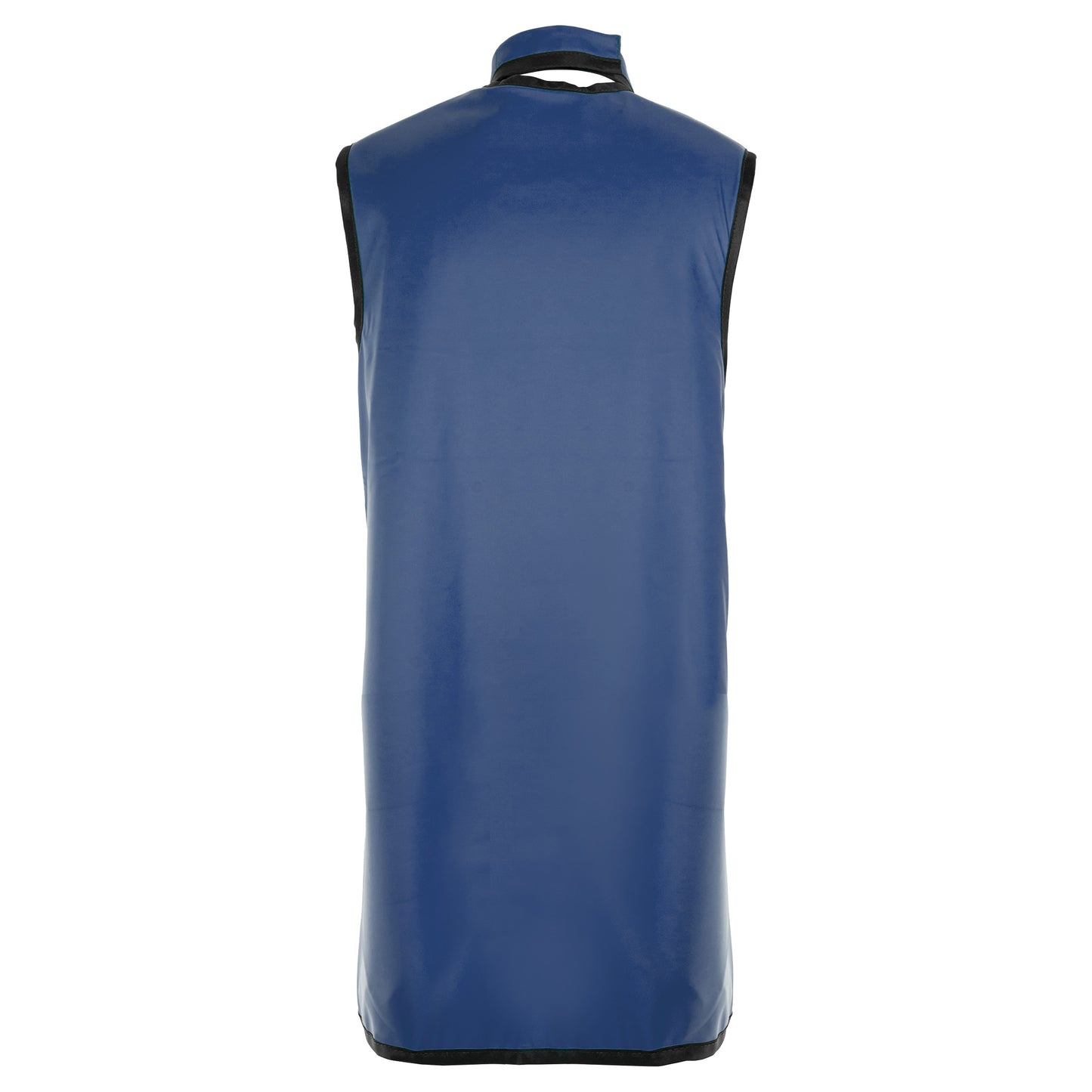 Back view of a Barrier Technologies UltraFlex Wrap with Support Lead-Free Apron in blue, featuring black trim and a high collar.