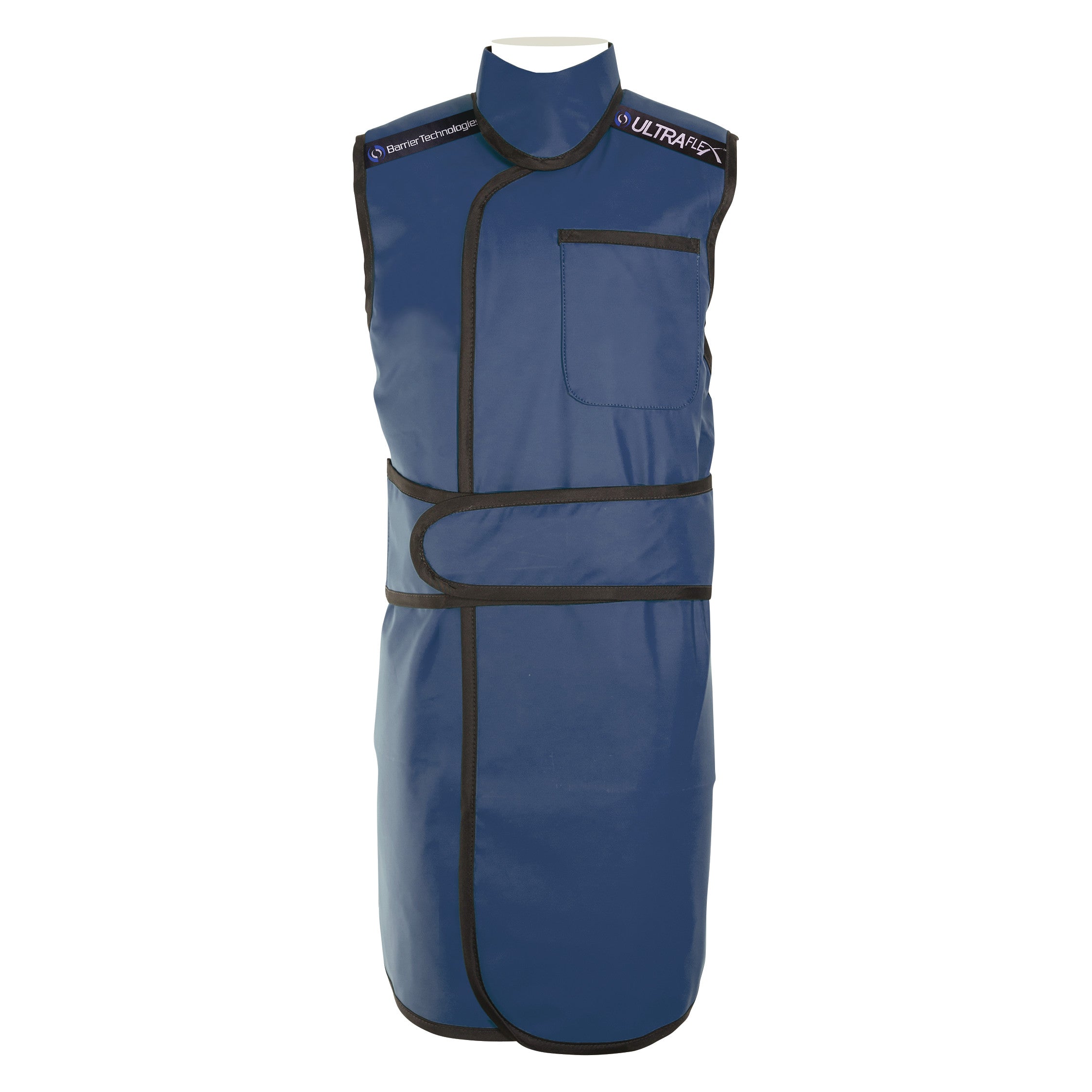 The Barrier Technologies UltraFlex Wrap with Support Lead-Free Apron is a blue protective garment with black trim and a front pocket.
