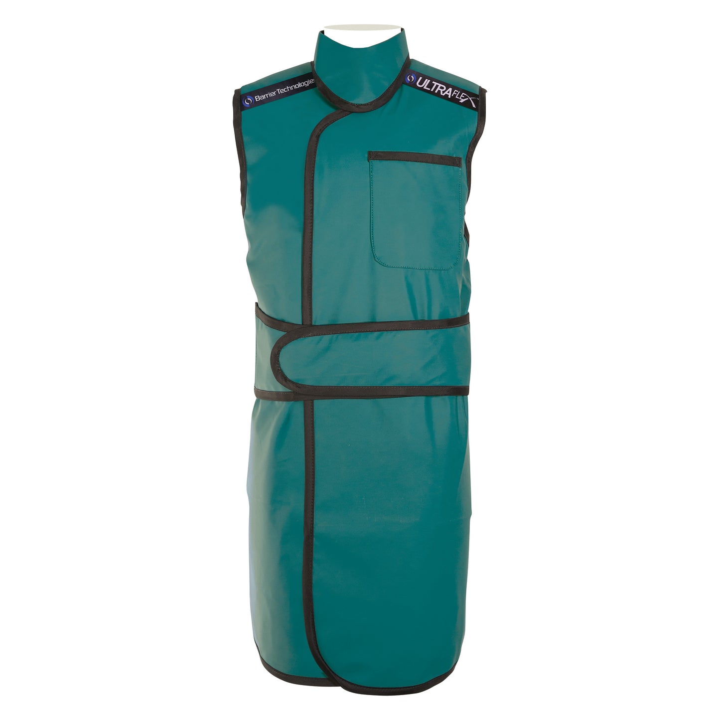 Barrier Technologies UltraFlex Wrap with Support Lead-Free Apron, teal with black trims, sleeveless, and features a front pocket.