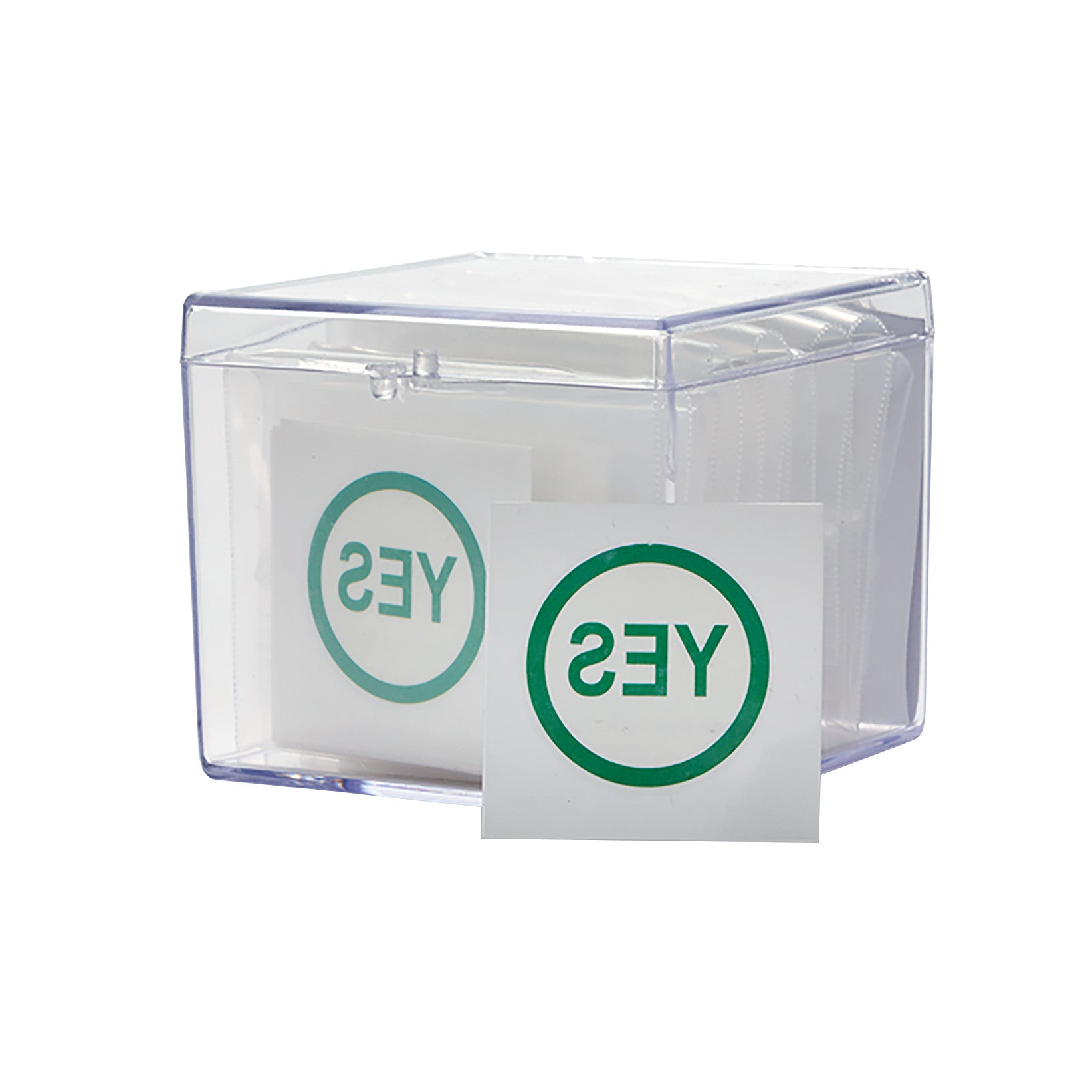 Clear box containing Viscot TAT "YES" Marker cards with "YES" inside a green circle on each card.