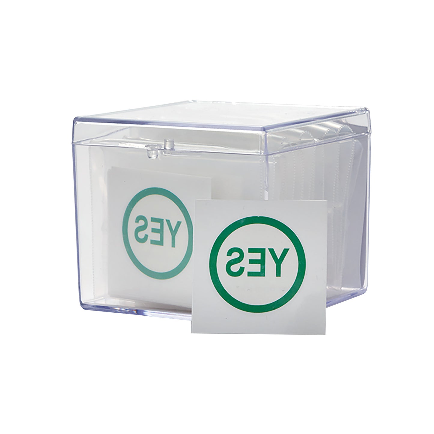 Clear box containing Viscot TAT "YES" Marker cards with "YES" inside a green circle on each card.