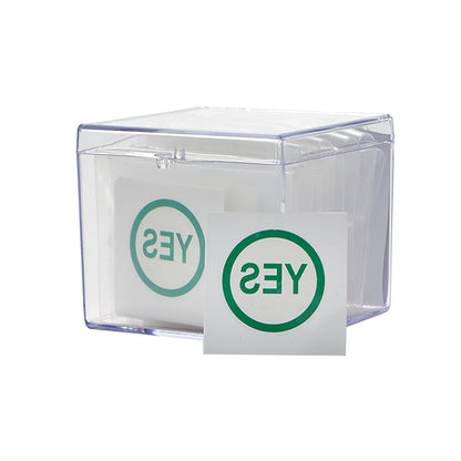 Clear box containing Viscot TAT "YES" Marker cards with "YES" inside a green circle on each card.