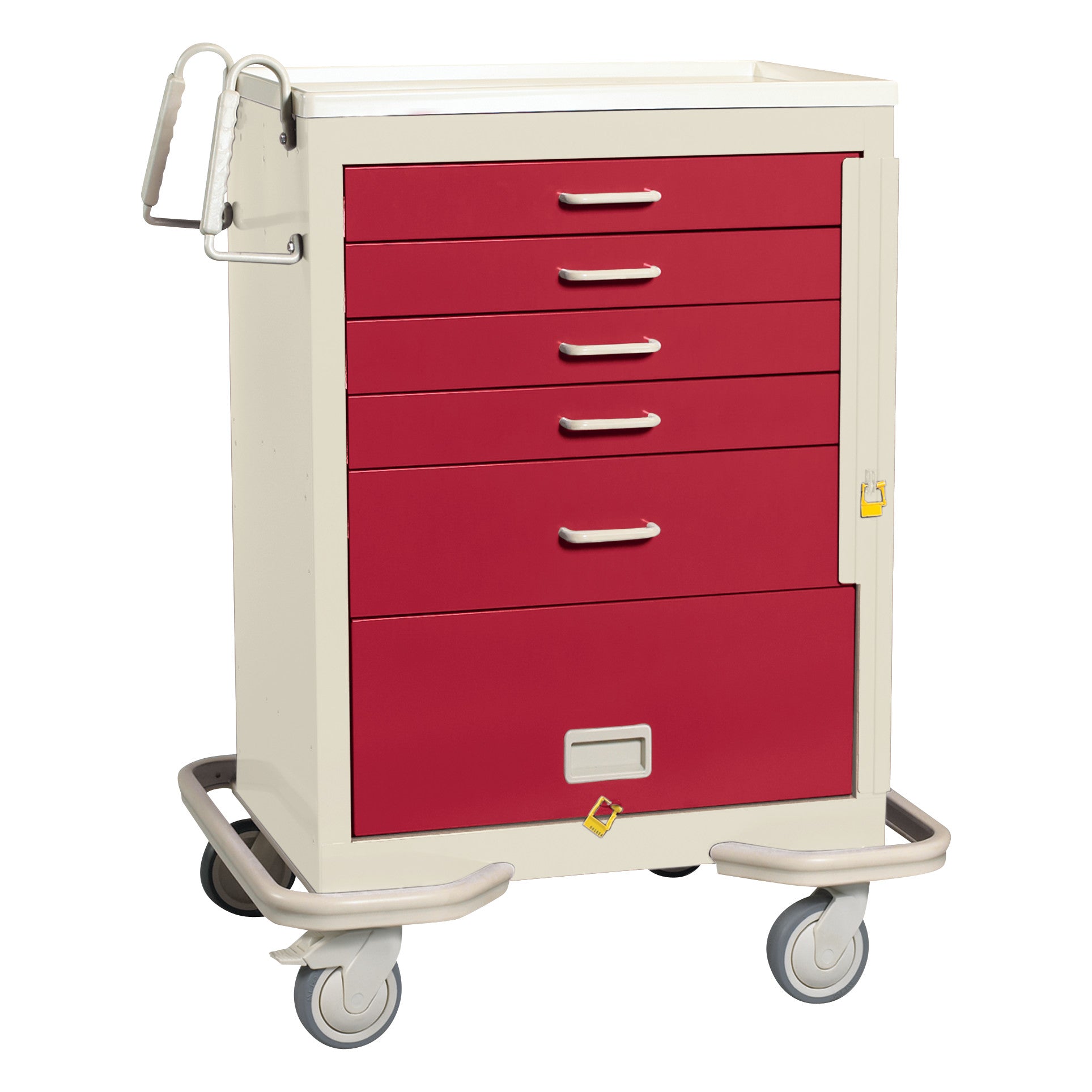 The AliMed Standard Series 5-Drawer Emergency Cart with Bottom Panel features a red front, five drawers, wheels, and a side handle.