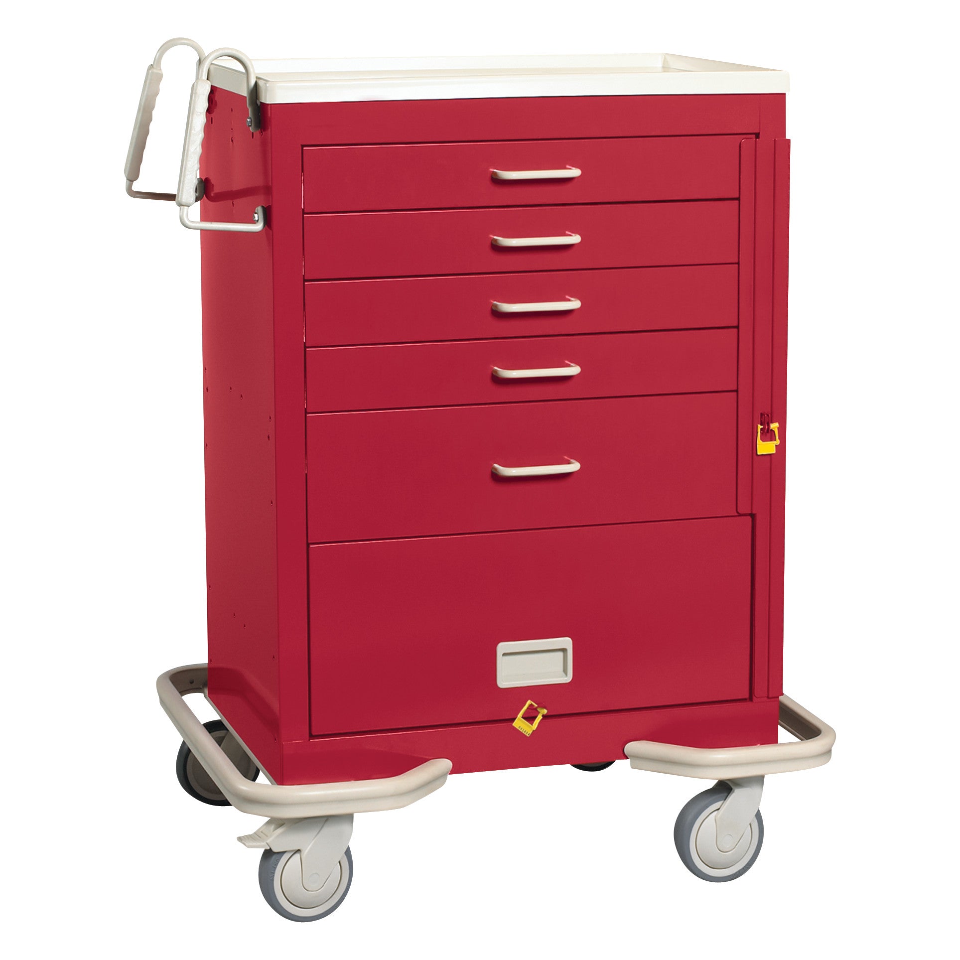 The AliMed Standard Series 5-Drawer Emergency Cart with Bottom Panel is red, has five drawers and wheels, and is designed for easy transport.