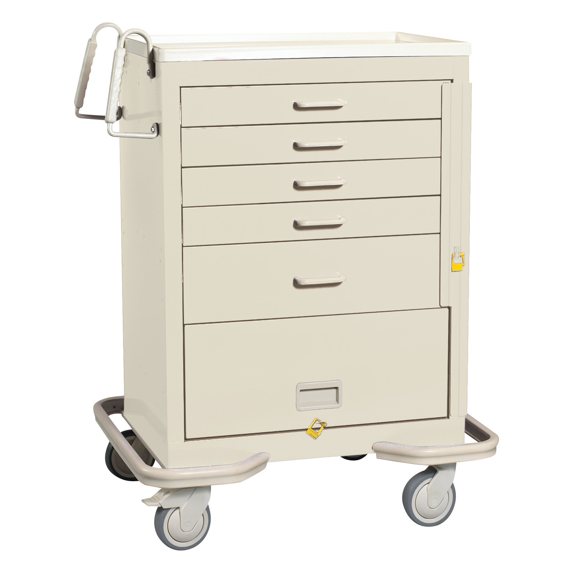 AliMed Standard Series 5-Drawer Emergency Cart with Bottom Panel, featuring a beige finish and four swivel casters for mobility.