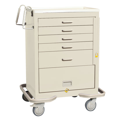 AliMed Standard Series 5-Drawer Emergency Cart with Bottom Panel, featuring a beige finish and four swivel casters for mobility.