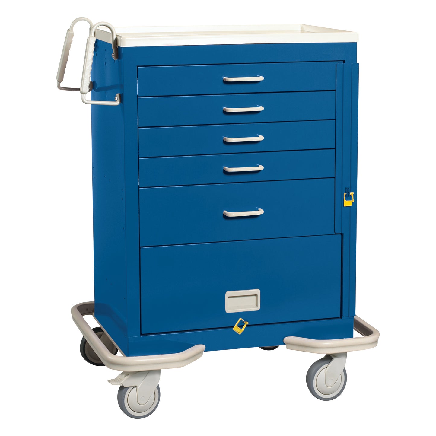 AliMed Standard Series 5-Drawer Emergency Cart with Bottom Panel, blue with six drawers, push handle, and four caster wheels.