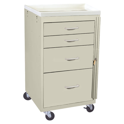 AliMed Mini Series 4-Drawer Emergency Cart with a light-colored finish, four drawers, a side lock, and four caster wheels.