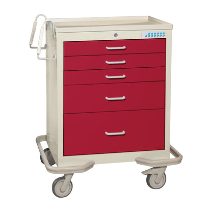 A red and beige AliMed Standard Series 5-Drawer Anesthesia/Procedure Cart with Electronic Lock, featuring wheels and a handle.