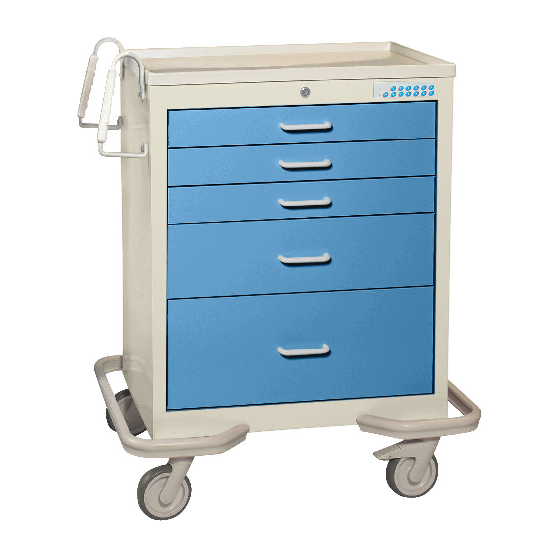 AliMed Standard Series 5-Drawer Anesthesia/Procedure Cart with Electronic Lock, featuring a blue and beige design with caster wheels.
