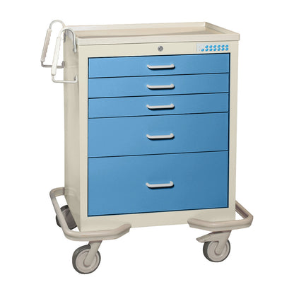 AliMed Standard Series 5-Drawer Anesthesia/Procedure Cart with Electronic Lock, featuring a blue and beige design with caster wheels.