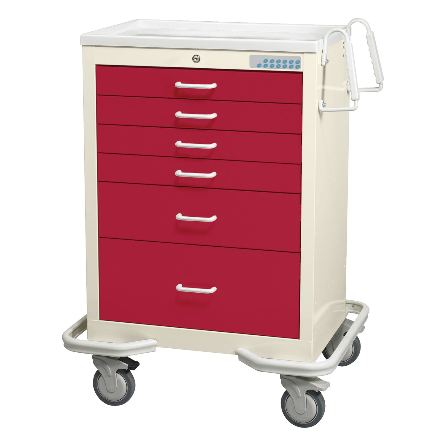 The AliMed Standard Series 6-Drawer Anesthesia/Procedure Cart with Electronic Lock has red drawers, wheels, and a handle.