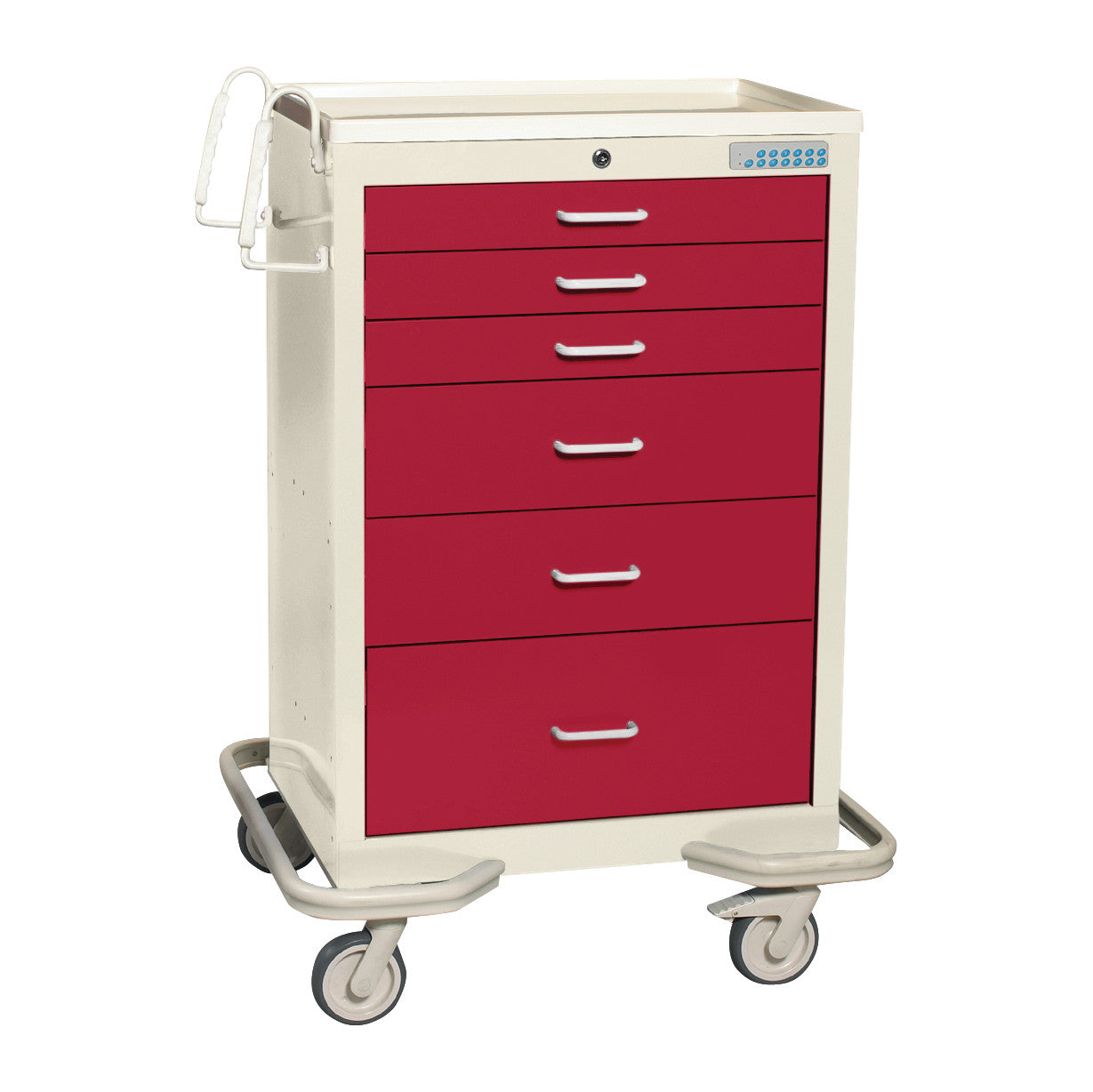 AliMed Standard Series 6-Drawer Anesthesia/Procedure Cart with Electronic Lock, 30" Drawer Space, features red drawers on wheels.