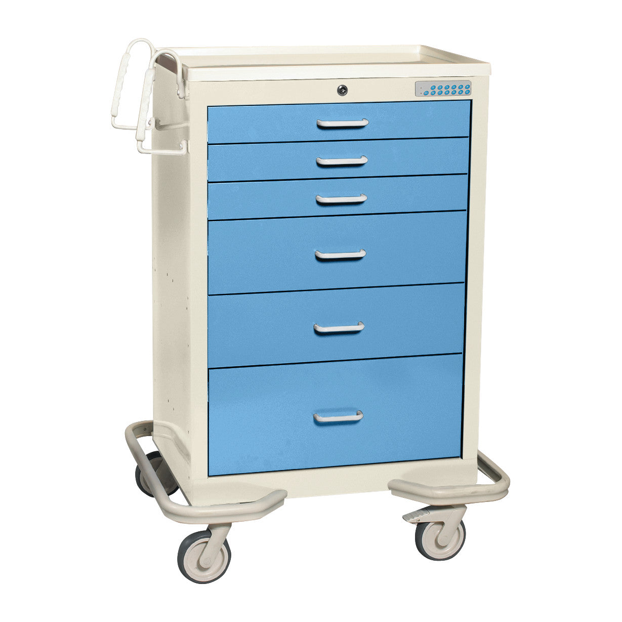 AliMed Standard Series 6-Drawer Anesthesia/Procedure Cart with Electronic Lock features a beige and blue design with sturdy wheels.